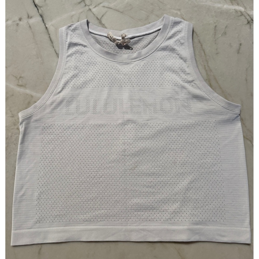 Lululemon Breeze By Muscle Tank Cropped Light White Size 6 Perforated Logo